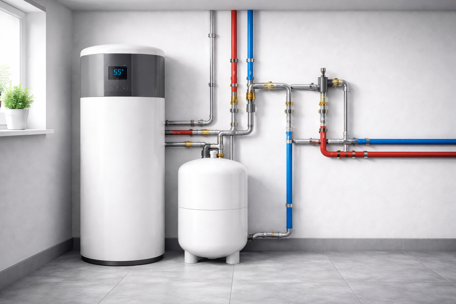 Brauchwasser Wärmepumpe im Keller mit Warm- und Kaltwasserleitungen