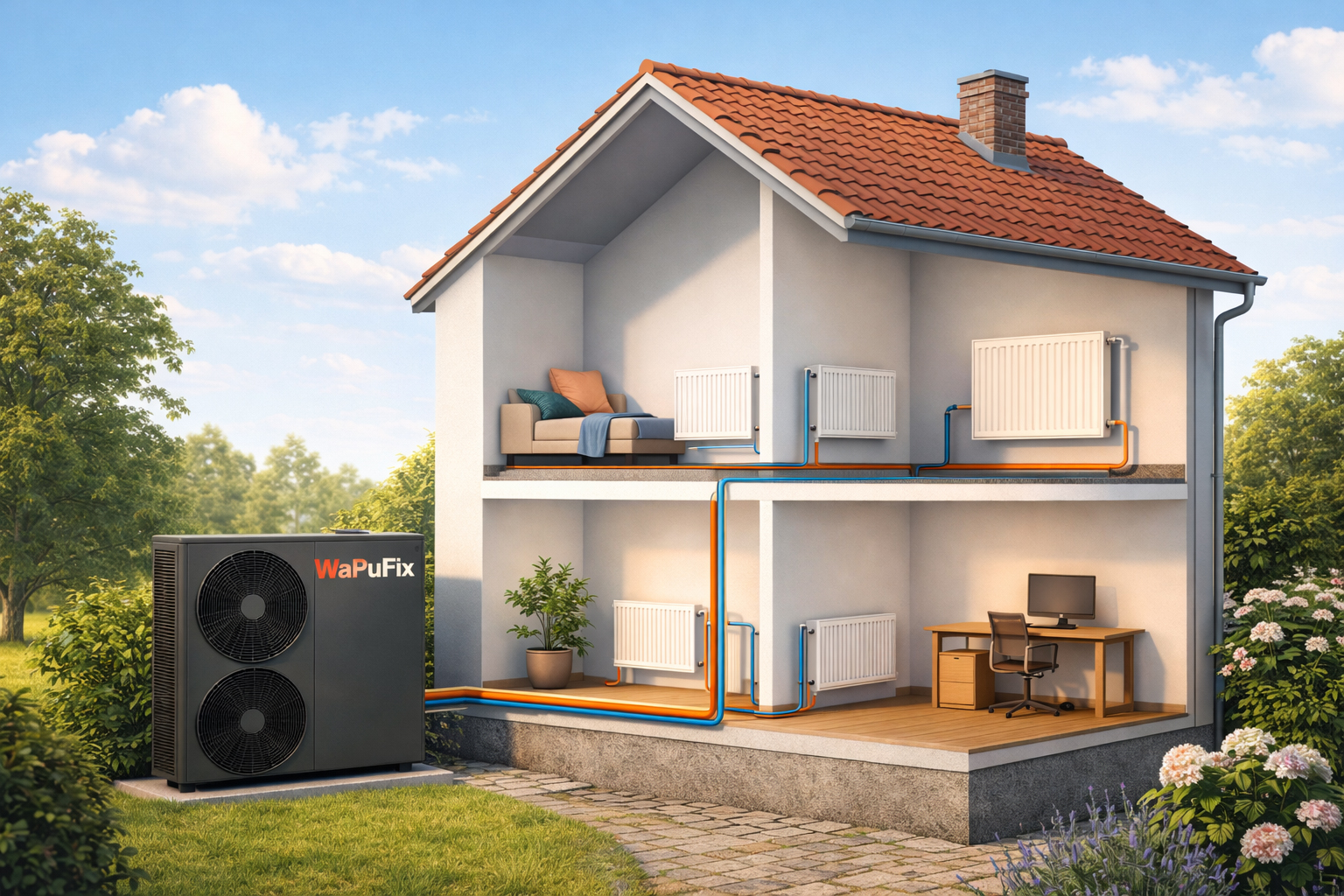 Altbau oder Fachwerkhaus mit Heizkörpern und Wärmepumpe