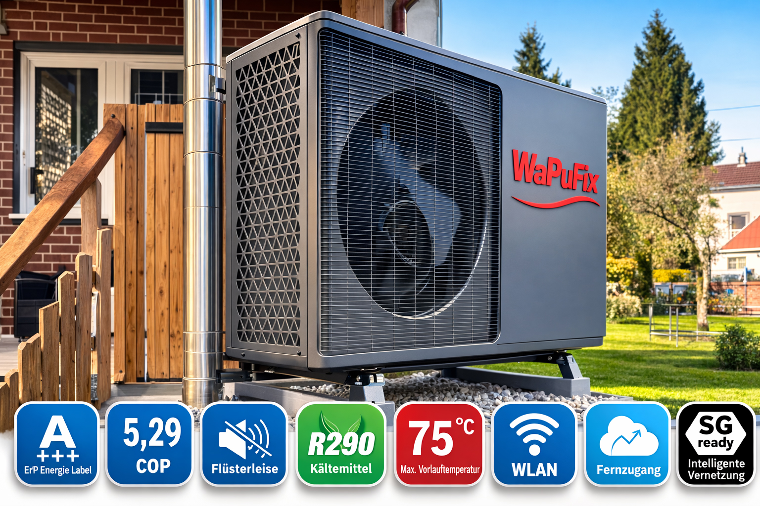 Moderne Wärmepumpe an einem Wohnhaus