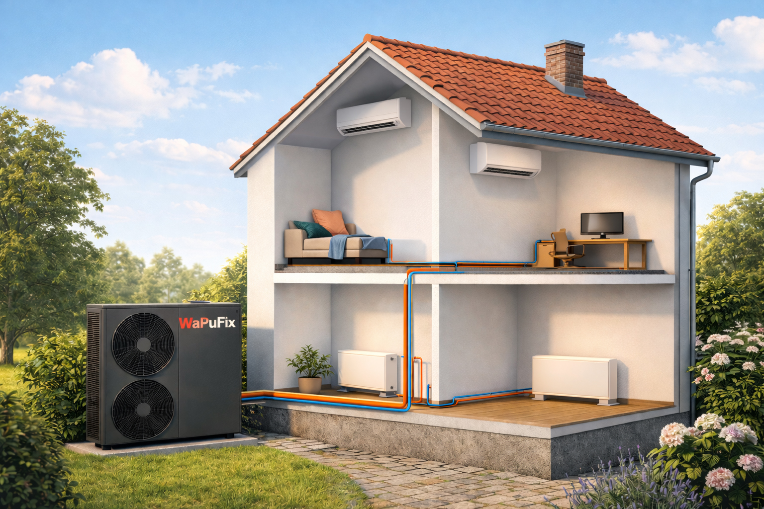 Haus mit Konvektoren und WaPuFix Wärmepumpe